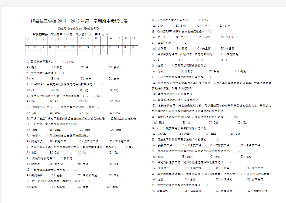 CorelDRAW试卷(期中-含密封线)