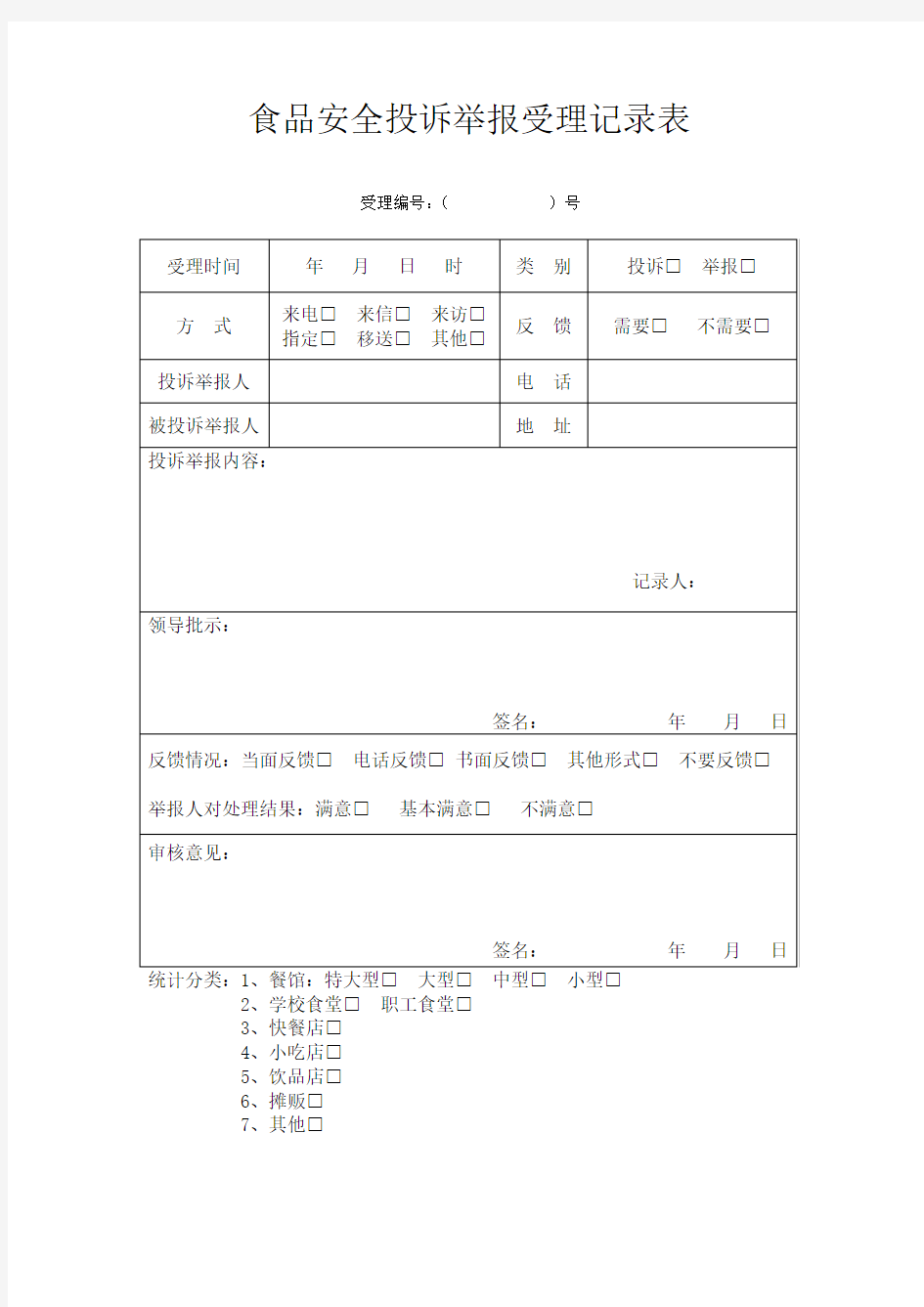 食品安全投诉举报受理记录表