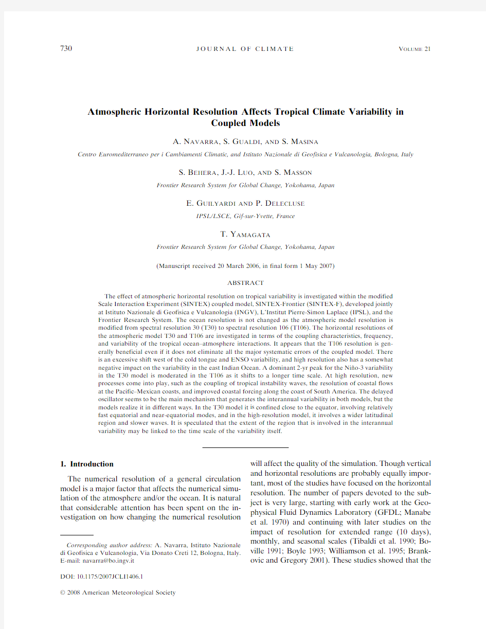 Atmospheric horizontal resolution affects tropical climate variability in coupled models