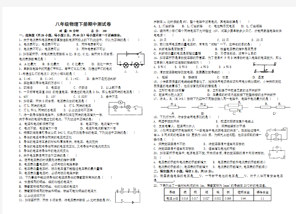 人教版八年级物理期中试卷及答案