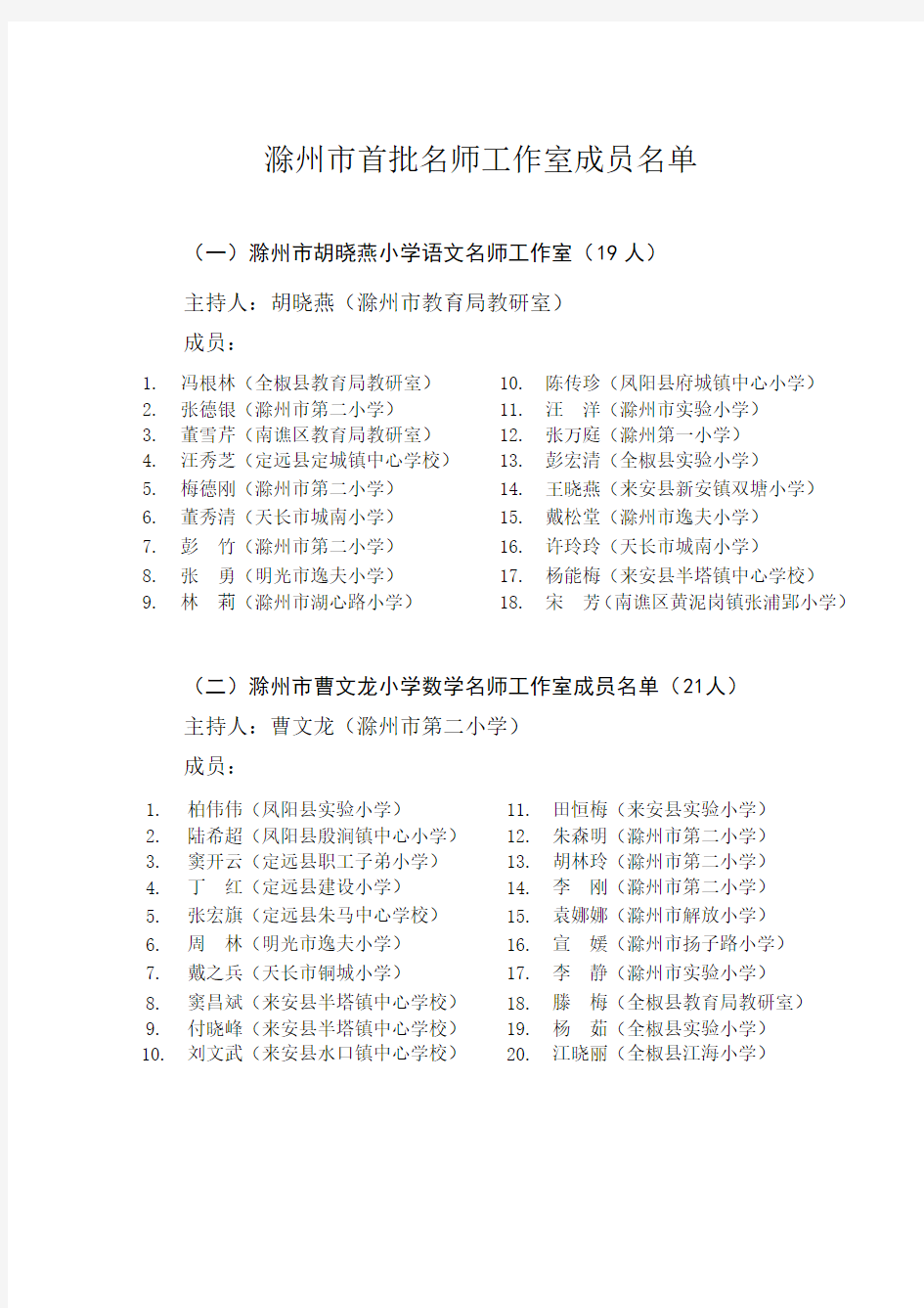 滁州市首批名师工作室成员名单