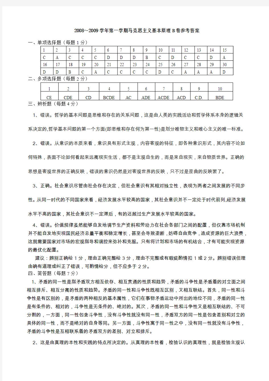 重庆大学2008～2009学年第一学期马克思主义基本原理A卷参考答案