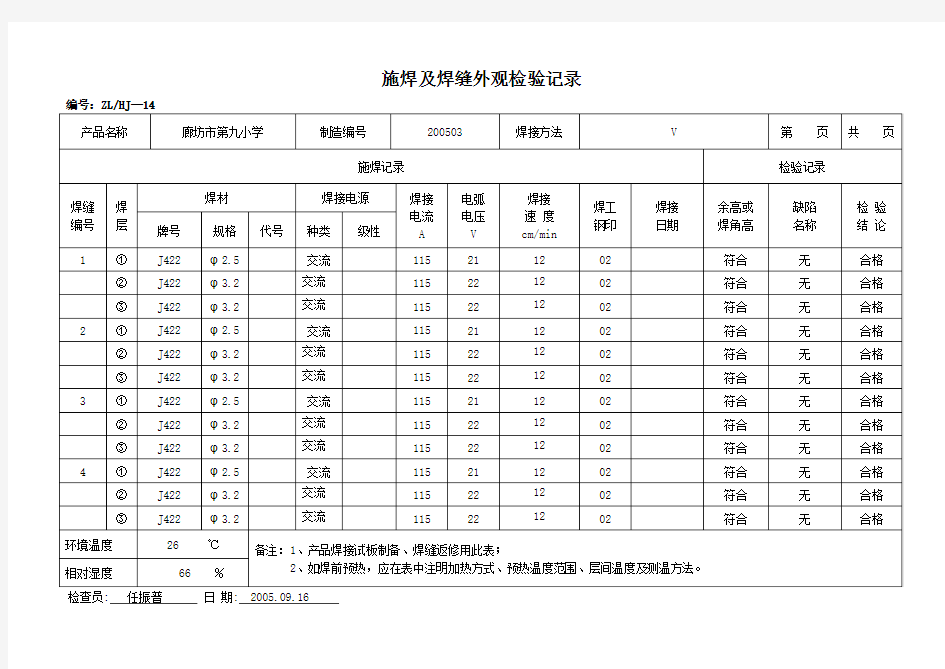 施焊及焊缝外观检验记录