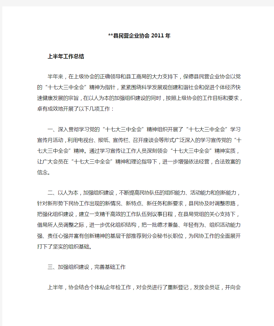 民营企业协会上半年工作总结