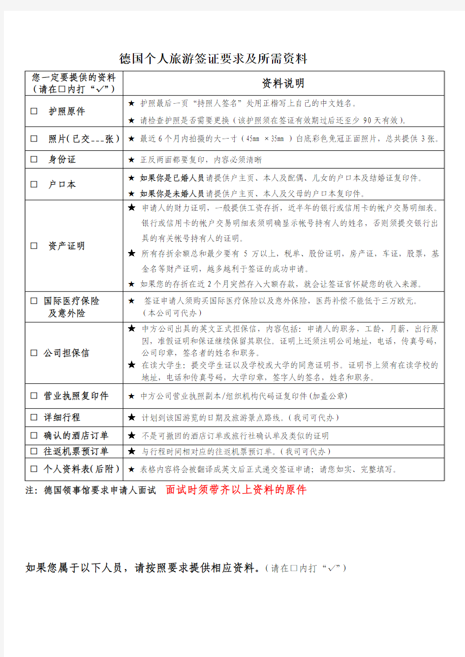 德国个人旅游签证要求及所需资料