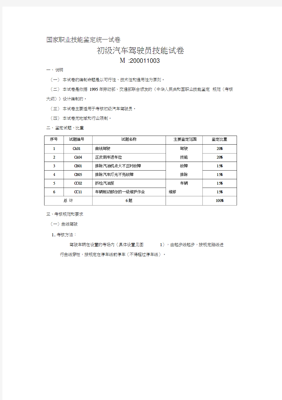 初级汽车驾驶员技能试卷