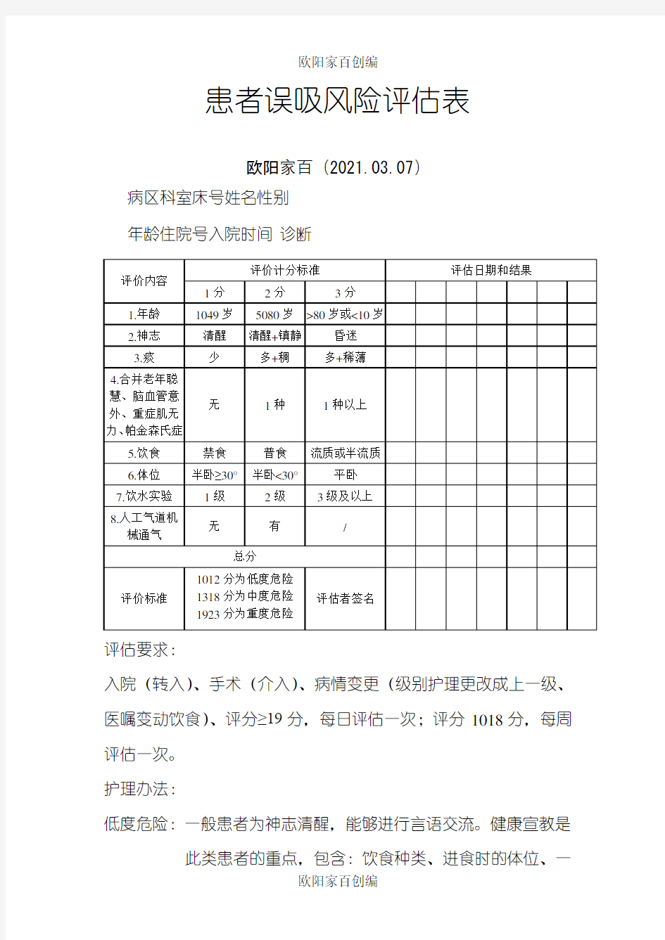 患者误吸风险评估表之欧阳家百创编