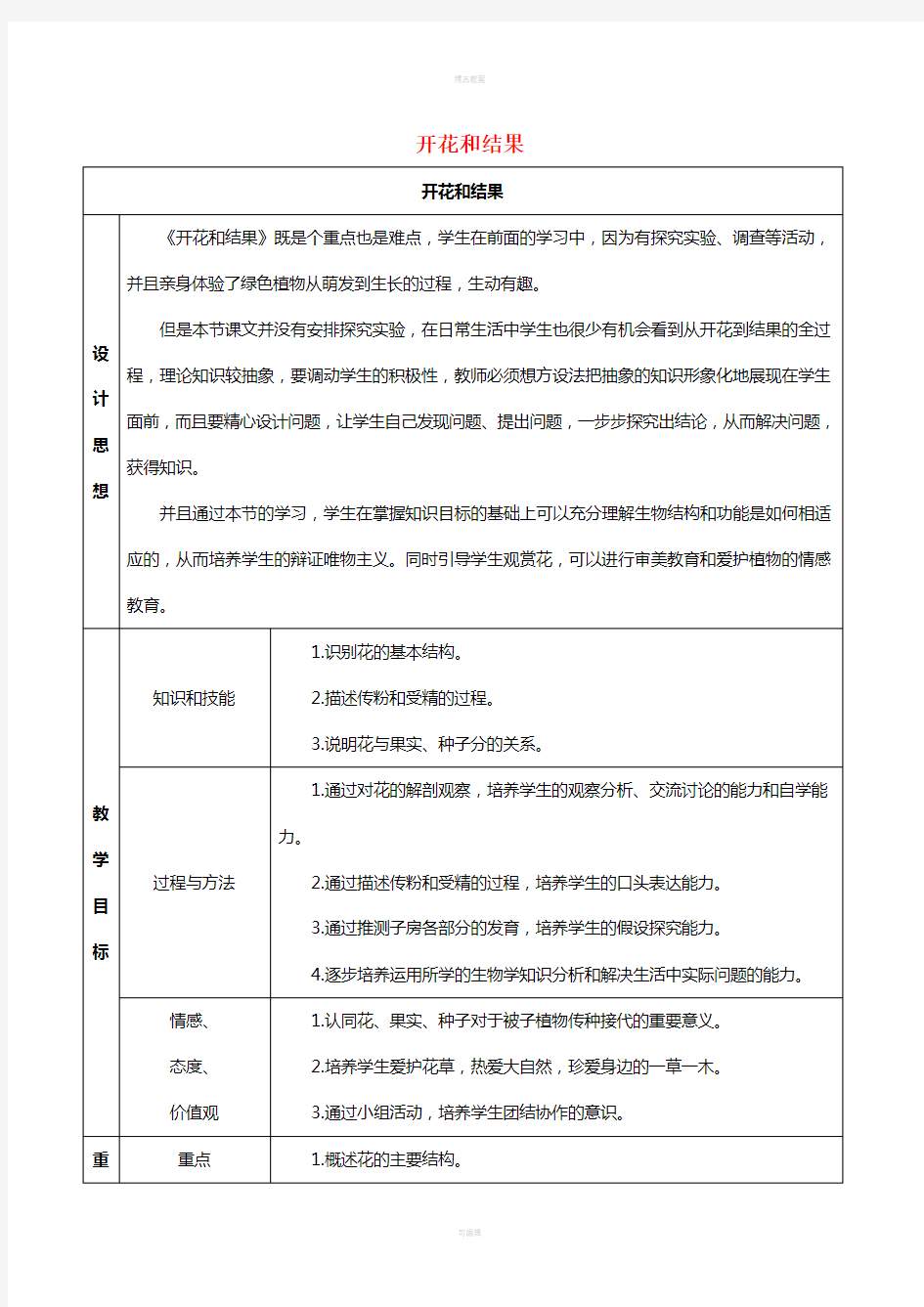 七年级生物上册 第三单元 第二章 第三节 开花和结果教案 新人教版