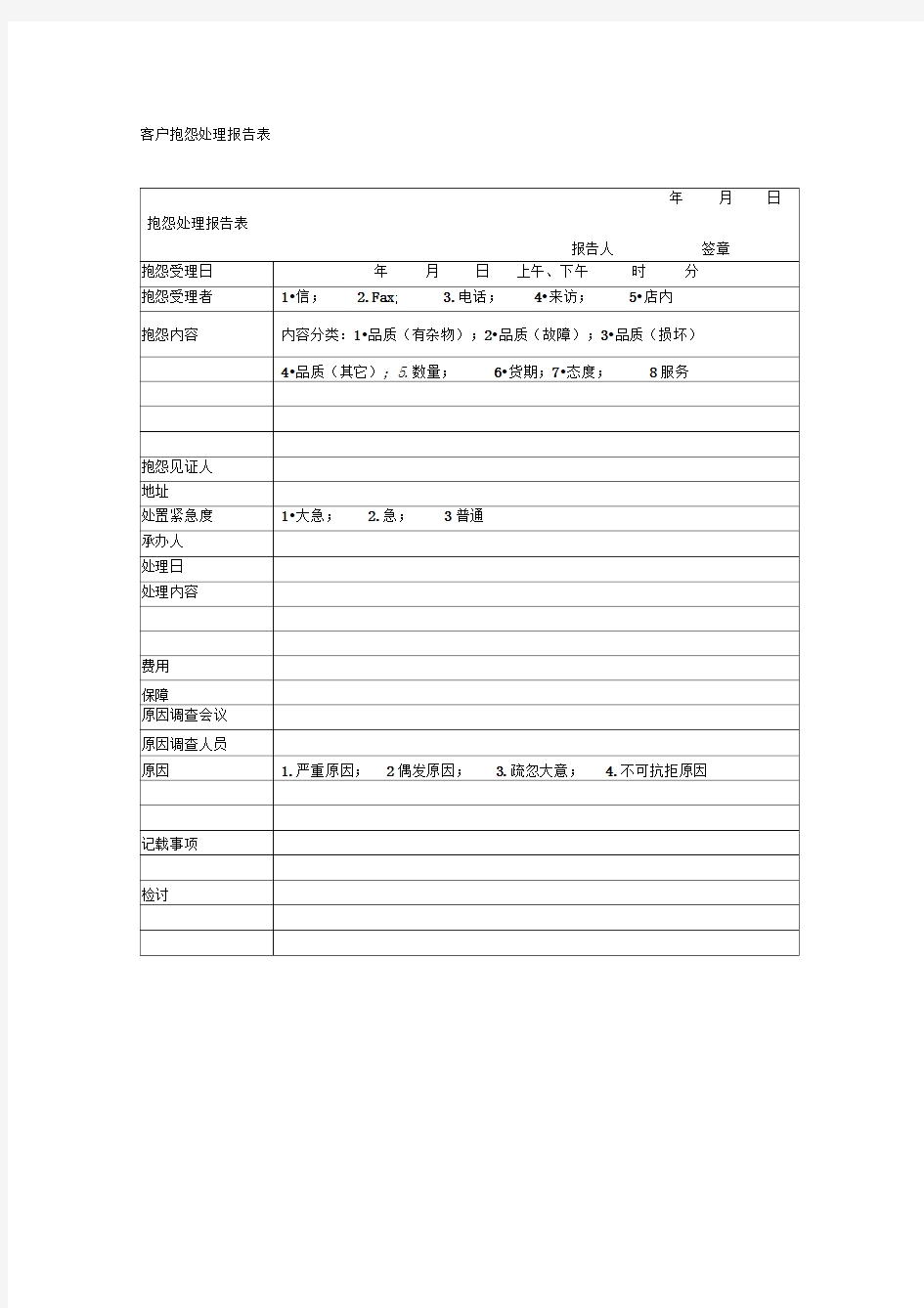 客户抱怨处理报告表