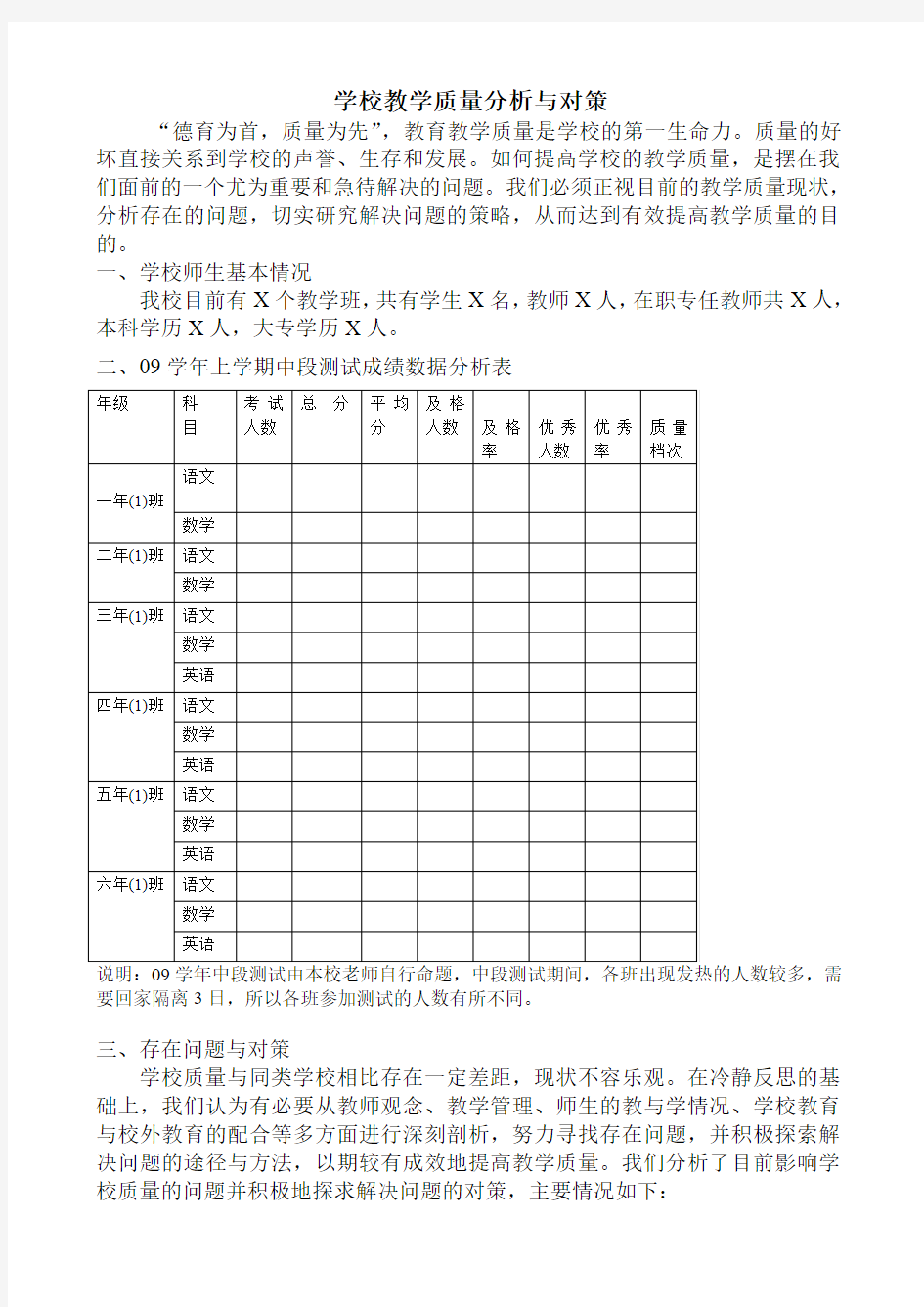 XX小学教学质量分析报告