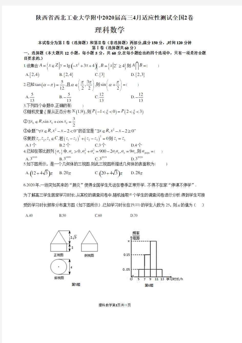 陕西省西安市西北工业大学附中2020届高三4月适应性测试全国2卷理科数学试题(含答案)