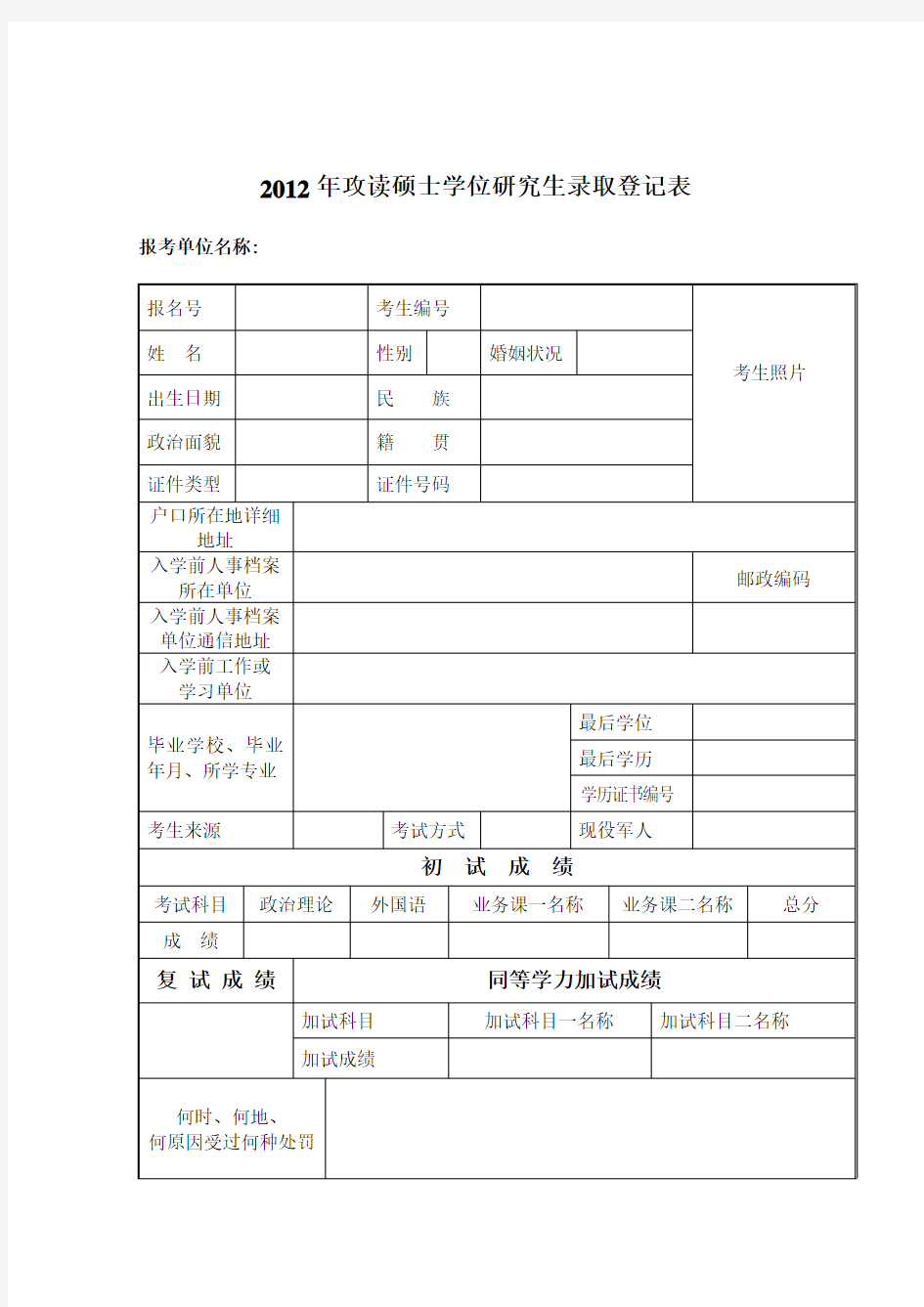 攻读硕士学位研究生录取登记表