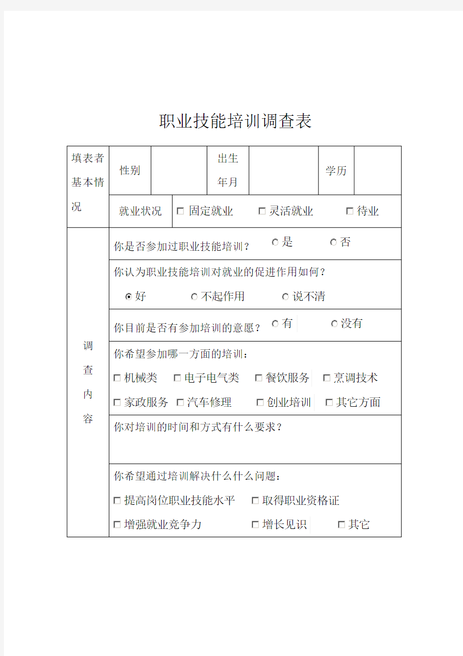 职业技能培训调查表