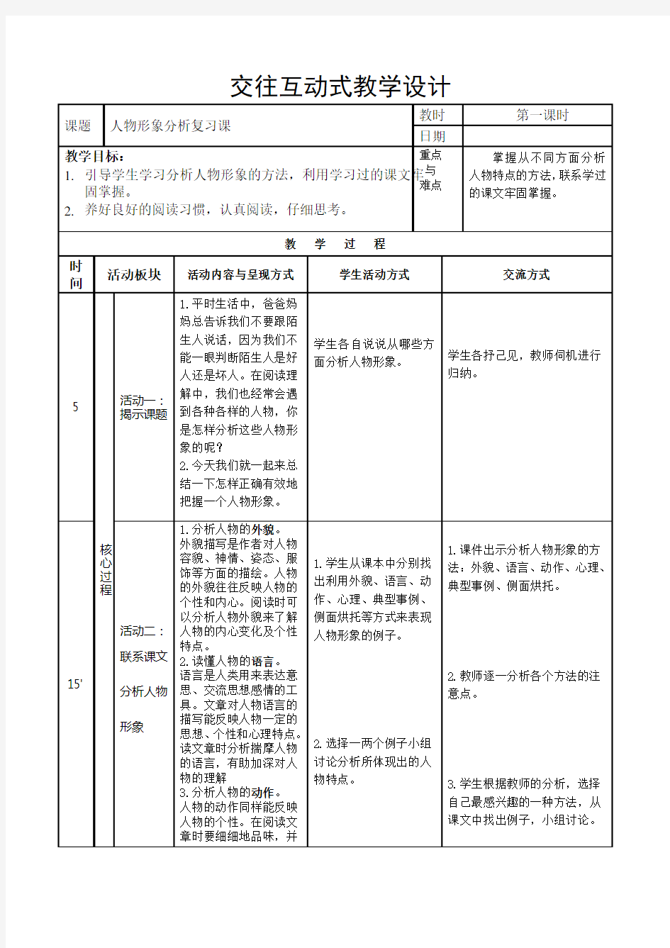 人物形象分析(教案)