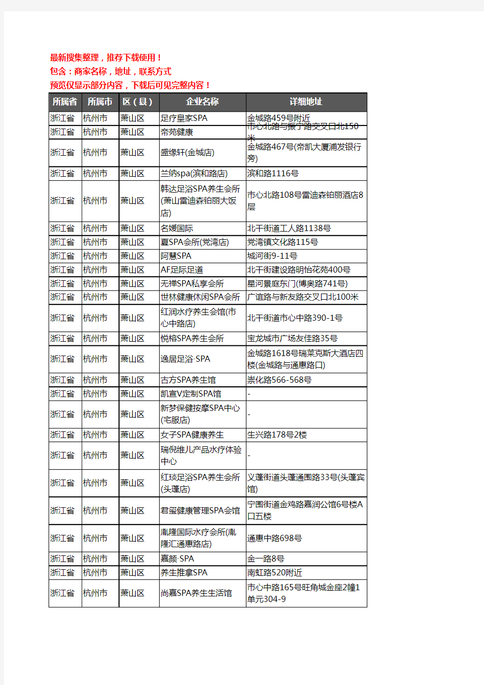 新版浙江省杭州市萧山区SPA企业公司商家户名录单联系方式地址大全52家