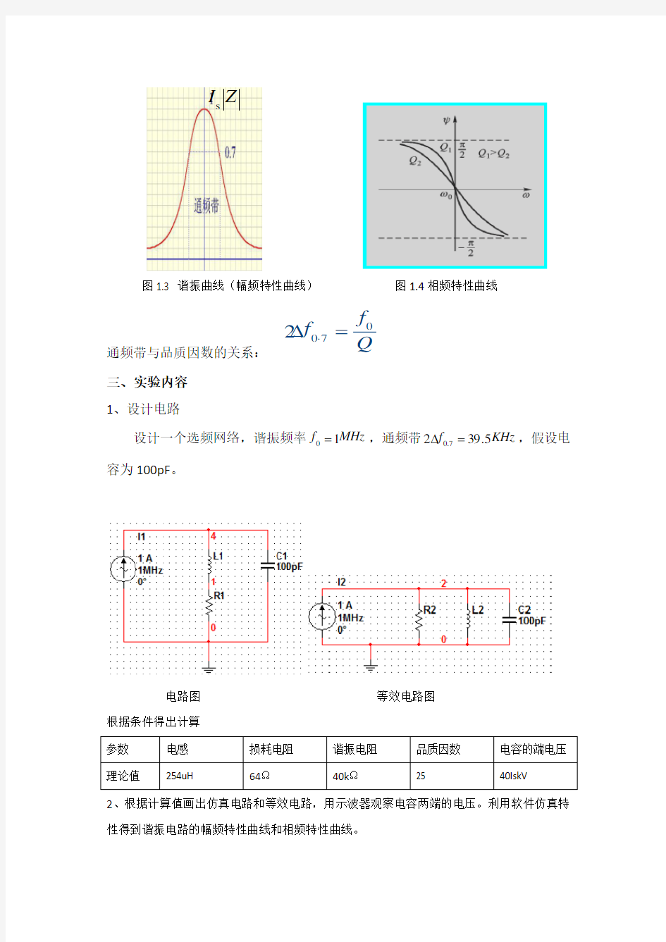 实验一 选频网络特性研究