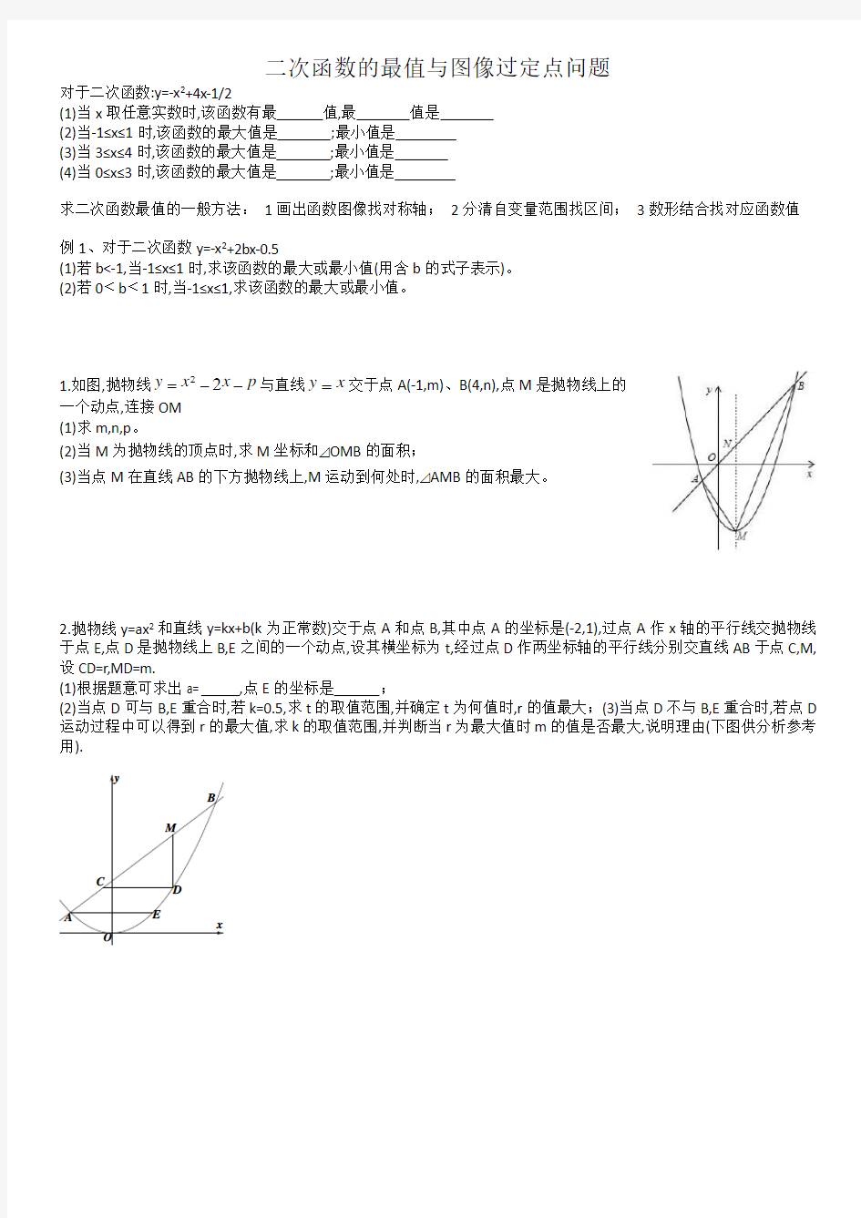 二次函数的最值问题与过定点类型问题