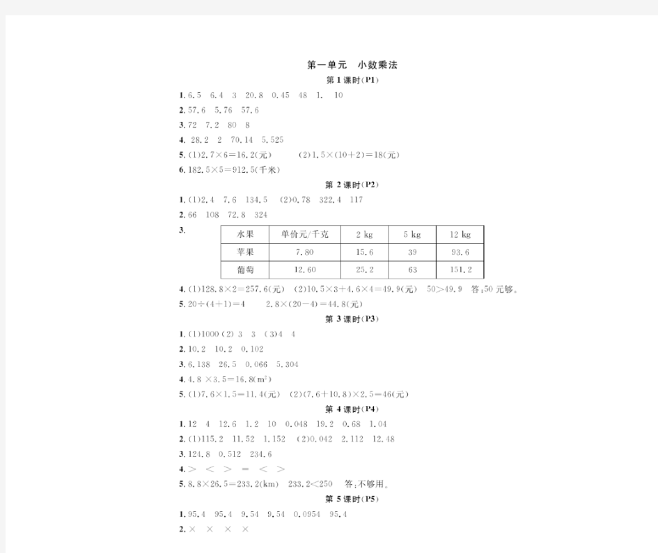 2017鄂教版五年级上数学课堂作业答案