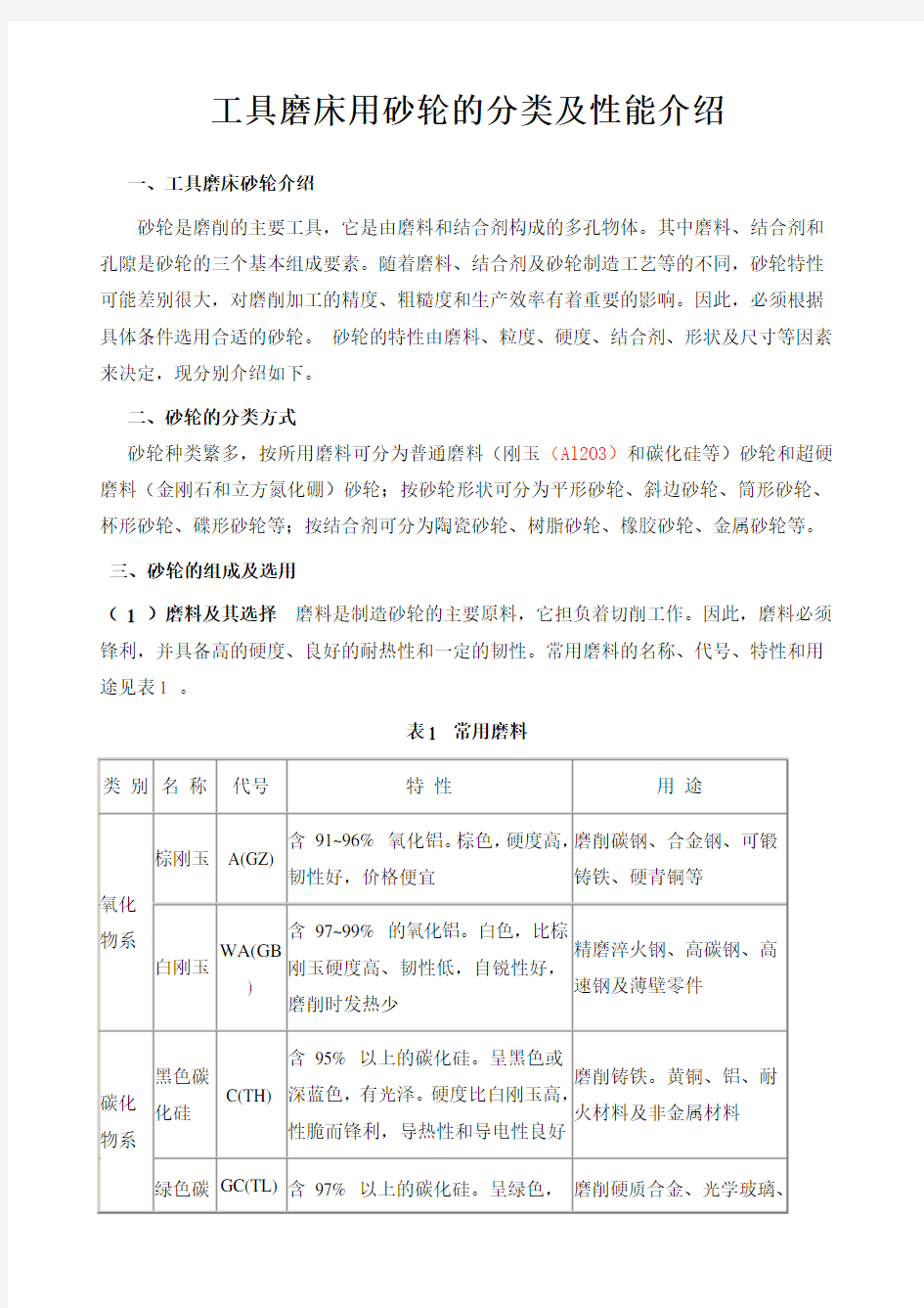 工具磨床用砂轮的分类及性能介绍