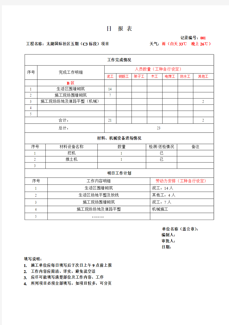 施工单位日报表标准格式