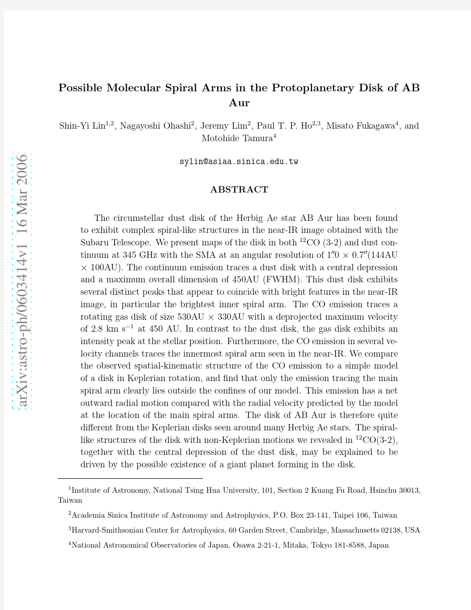 Possible Molecular Spiral Arms in the Protoplanetary Disk of AB Aur
