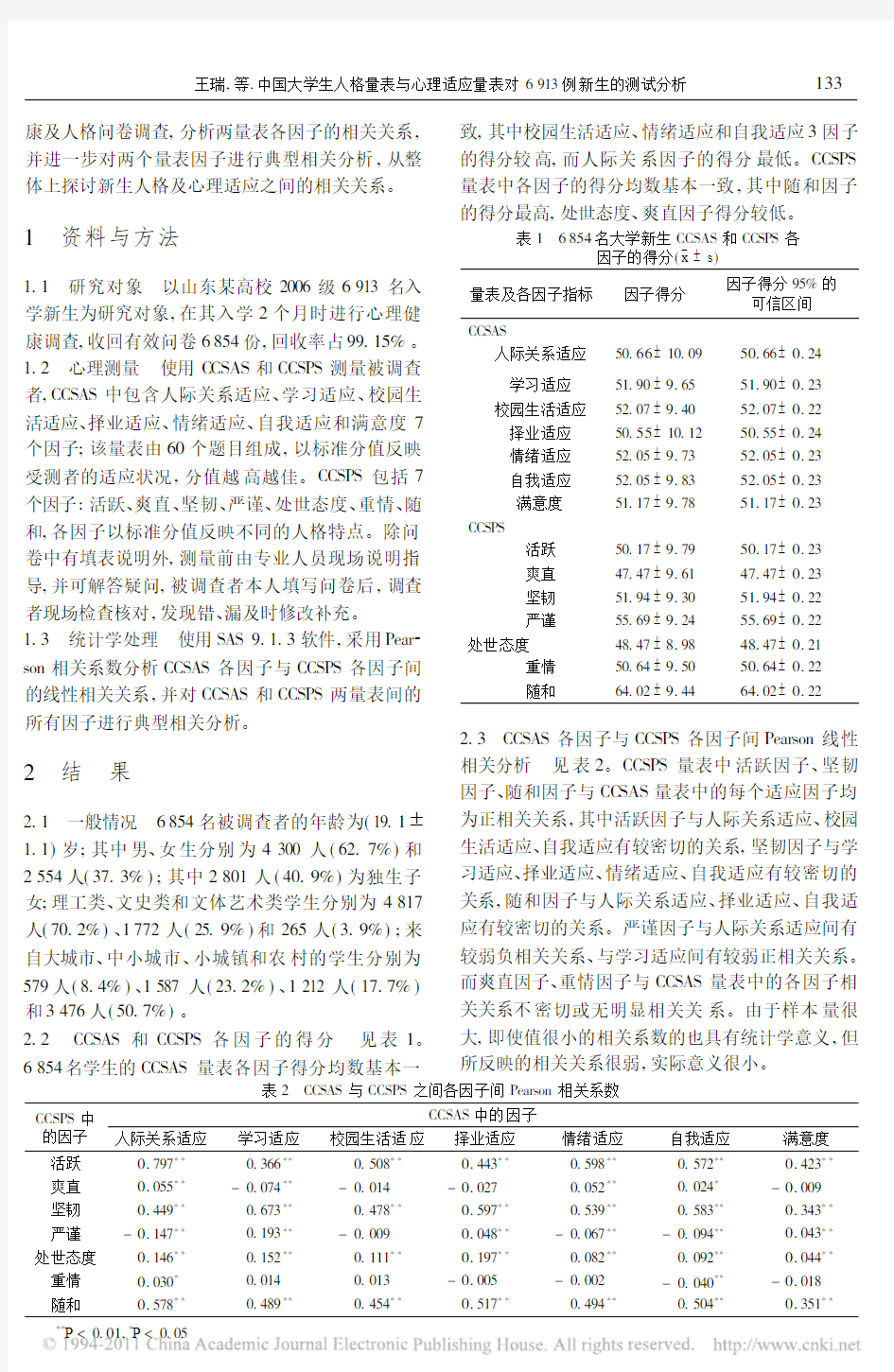 中国大学生人格量表与心理适应量表对6913例新生的测试分析