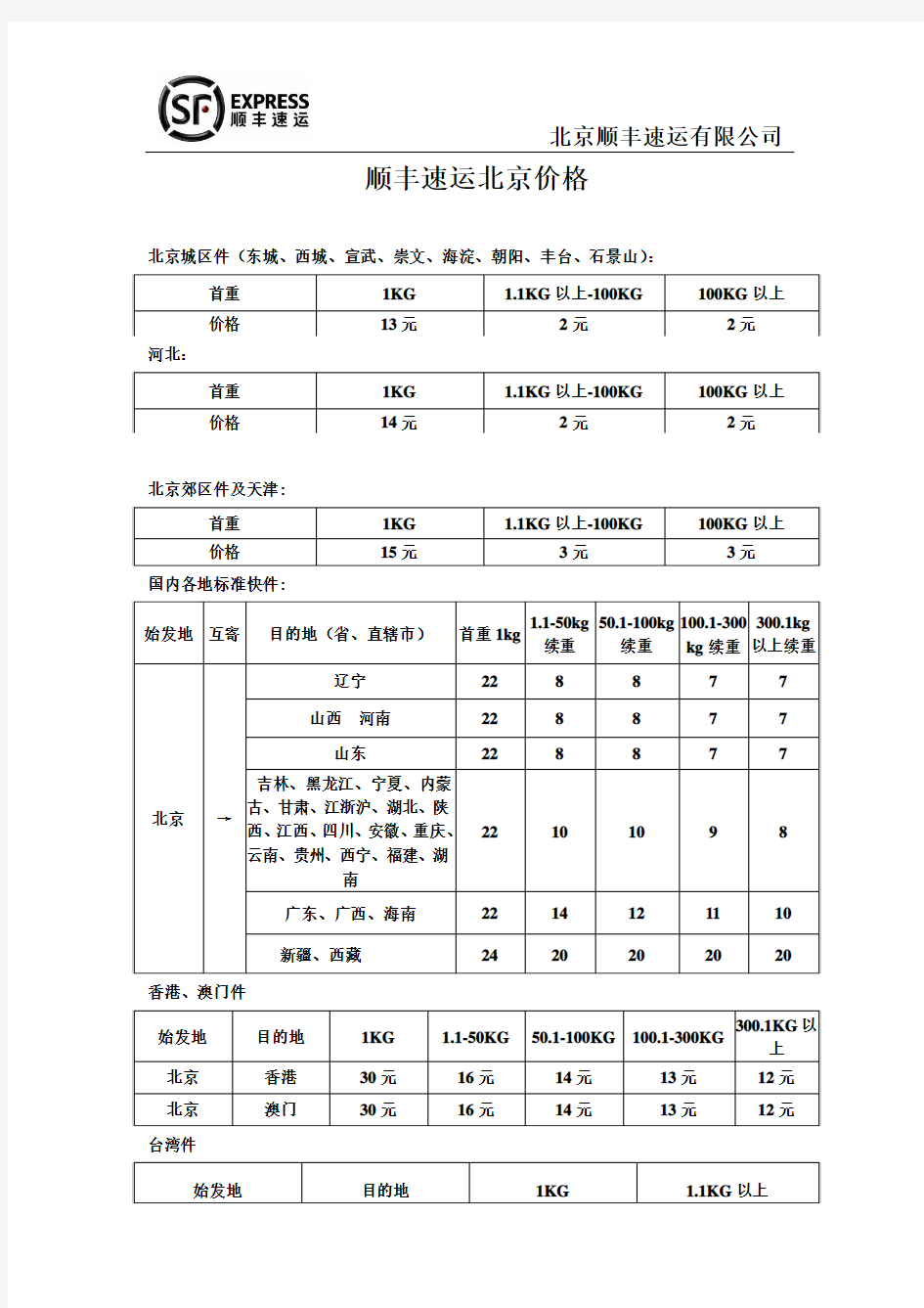 顺丰速运北京价格表