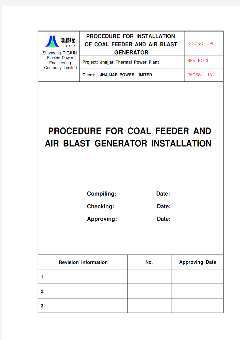 coal_feeder_and_air_blast_generator_installation_procedure