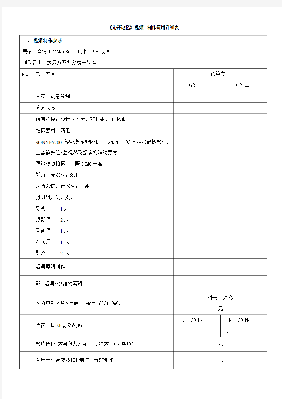 宣传片、微电影、短视频 制作费用详细表