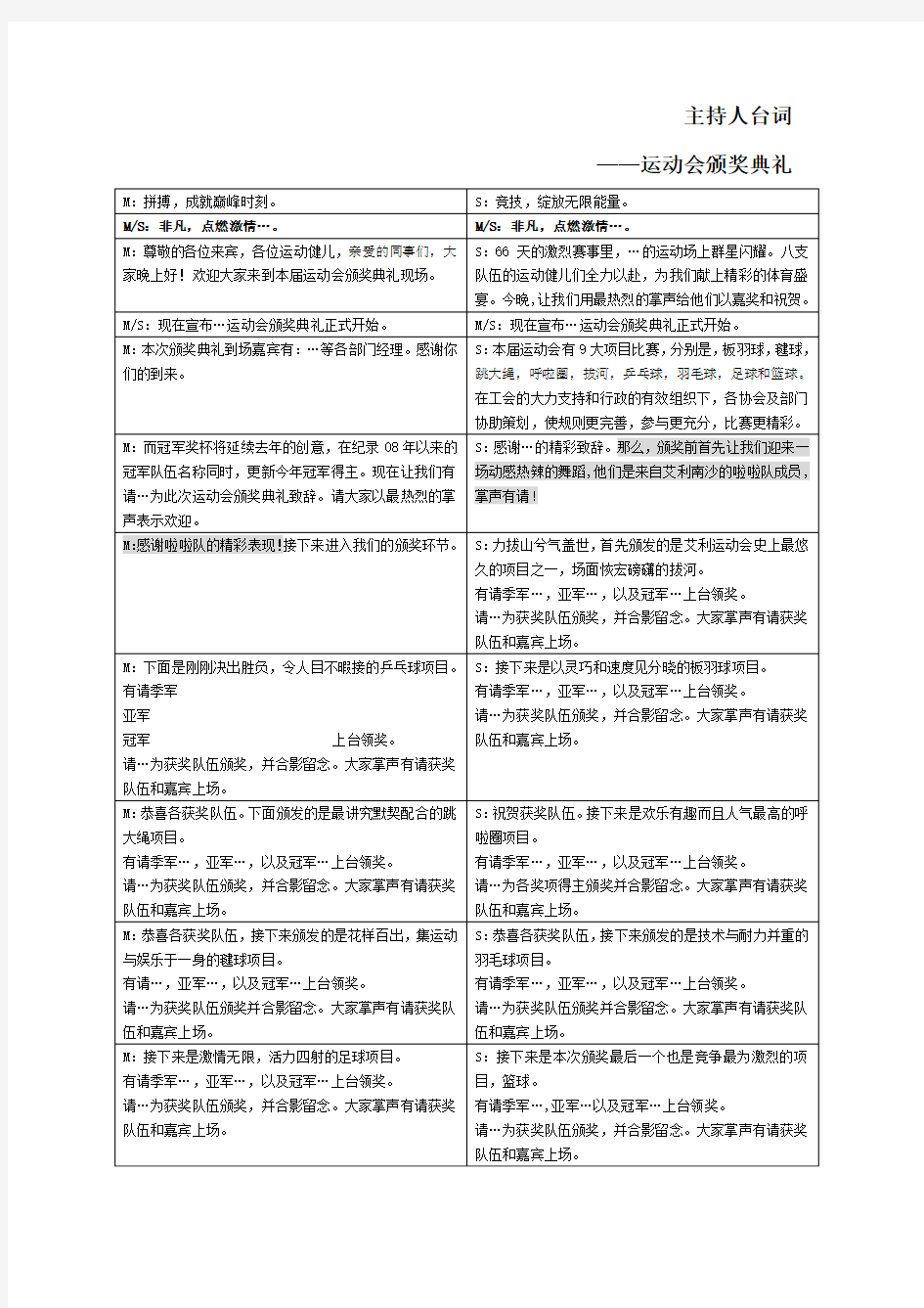 运动会颁奖典礼台词稿