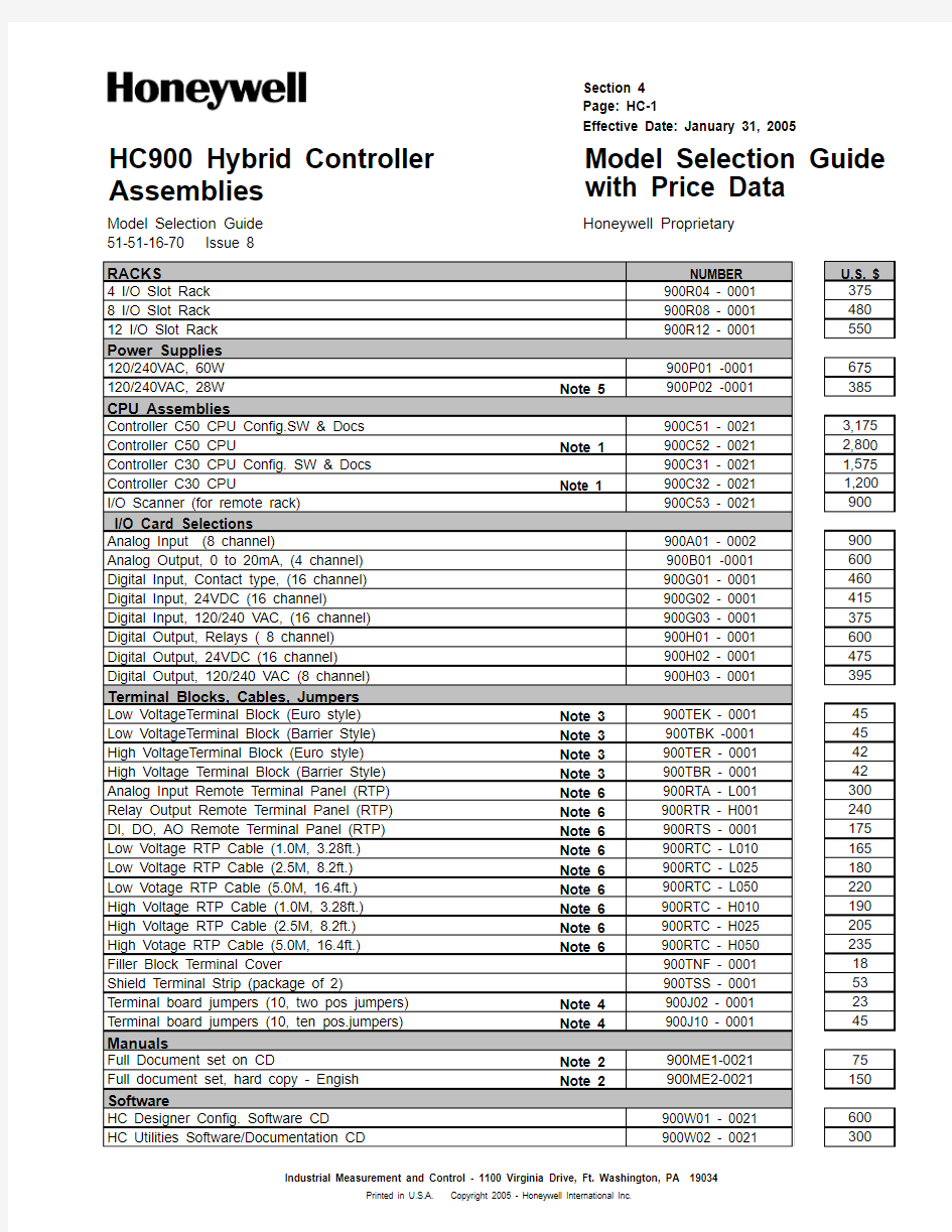 霍尼韦尔HC900控制系统价格表