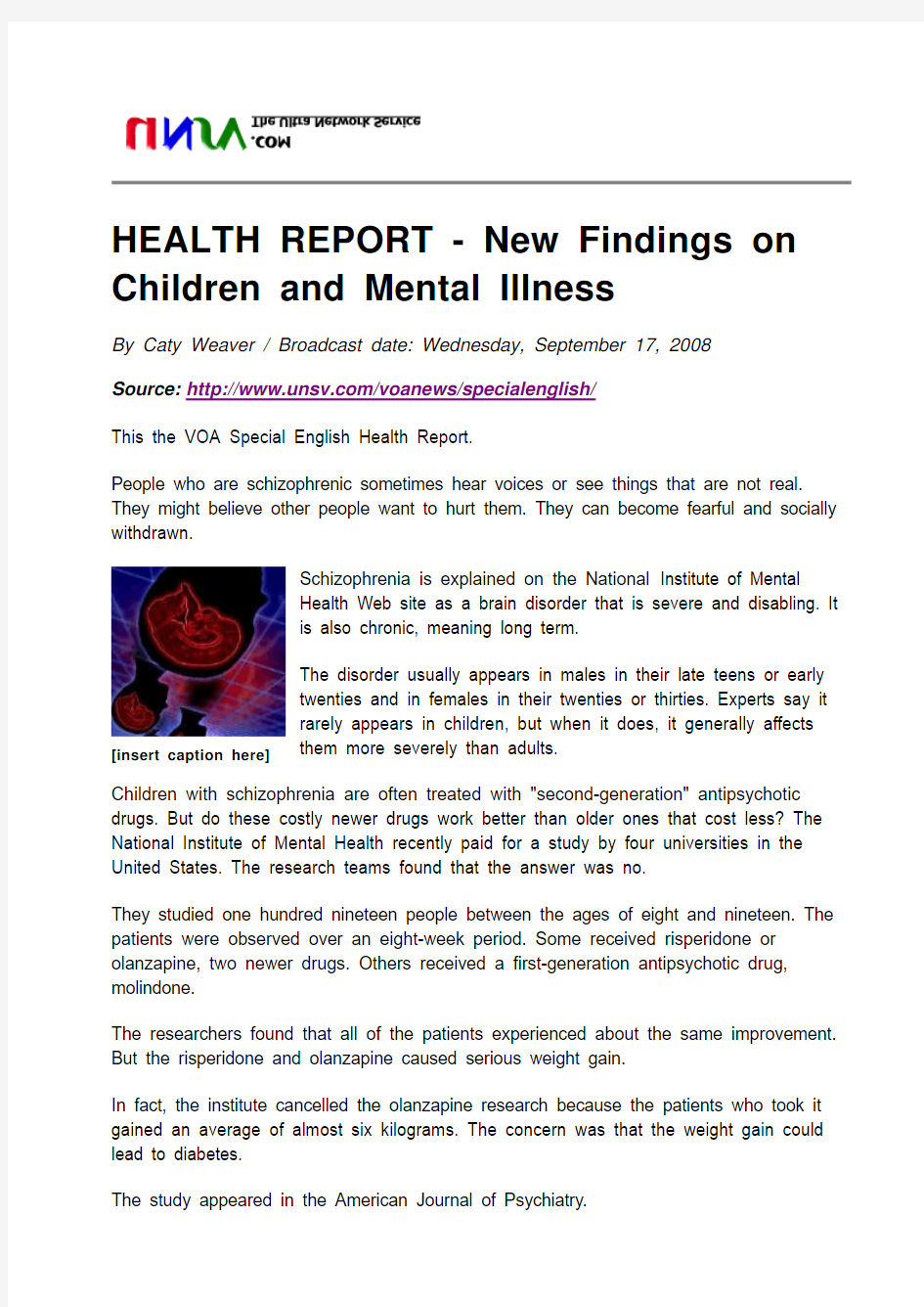 HEALTH REPORT - New Findings on Children and Mental Illness