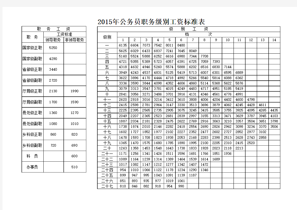 2015年公务员职务级别工资标准表