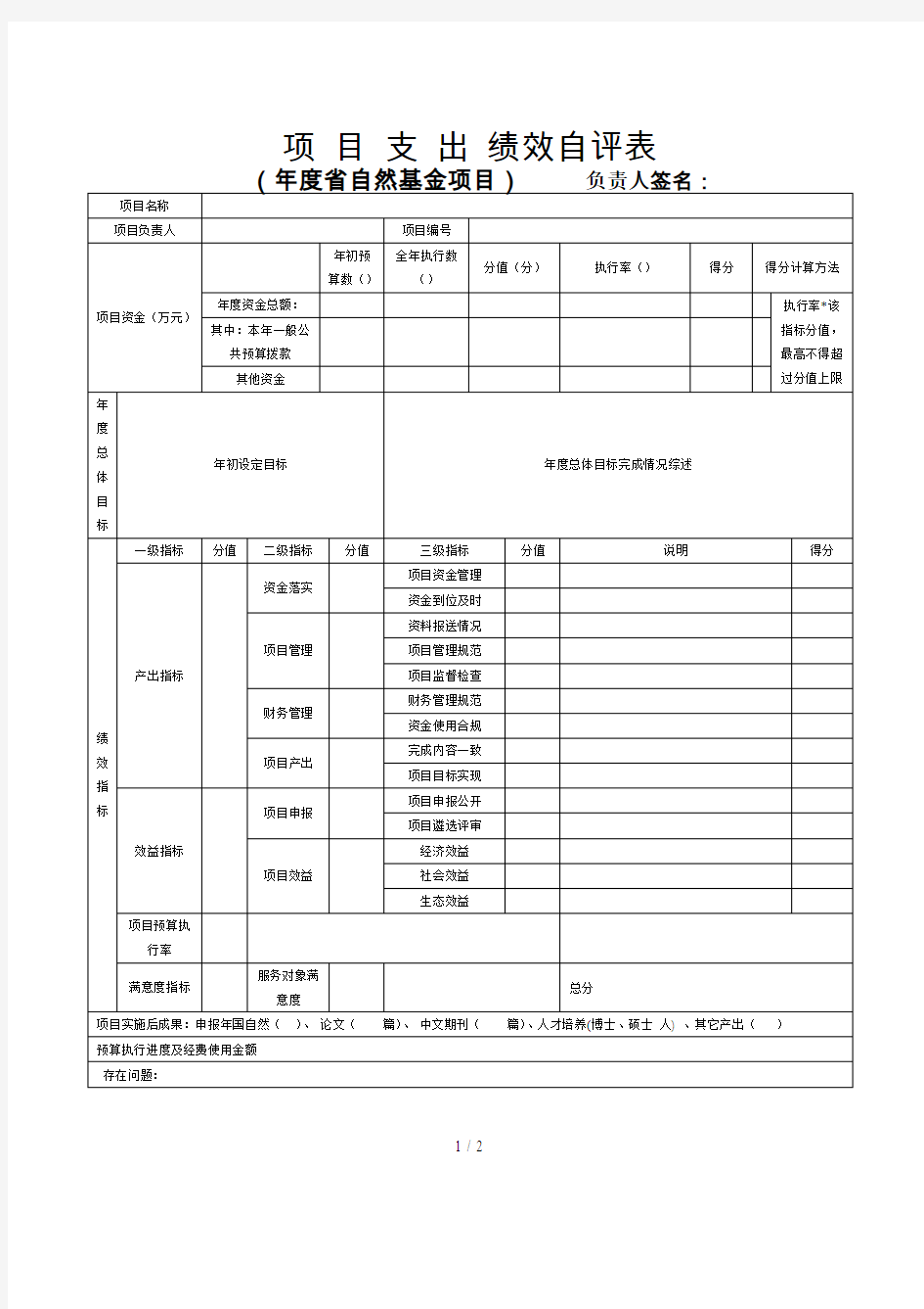 项目支出绩效自评表