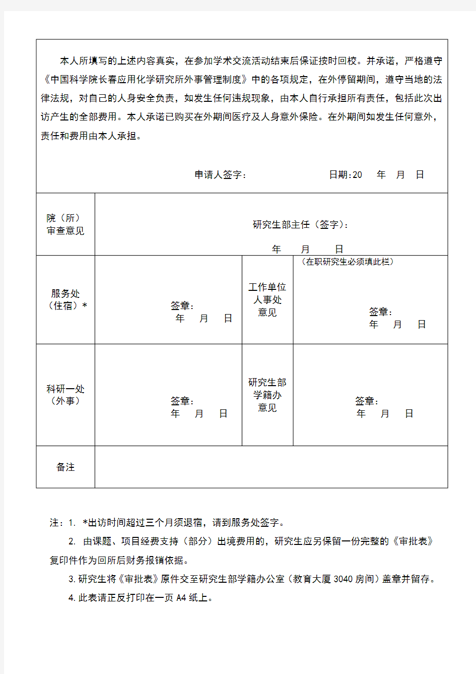 中科院长春应化所研究生公派出国、赴港澳台地区审批表