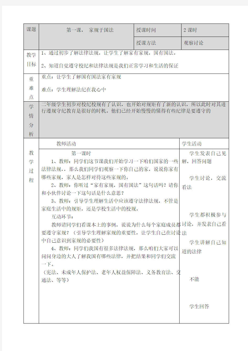 小学二年级法制教育教案