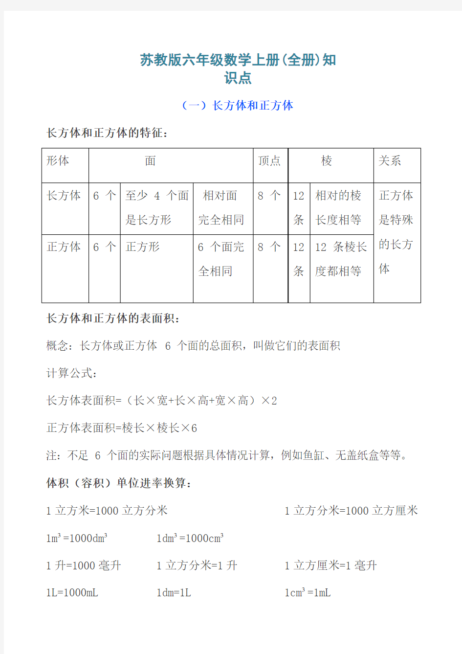 苏教版六年级数学上册(全册)知识点