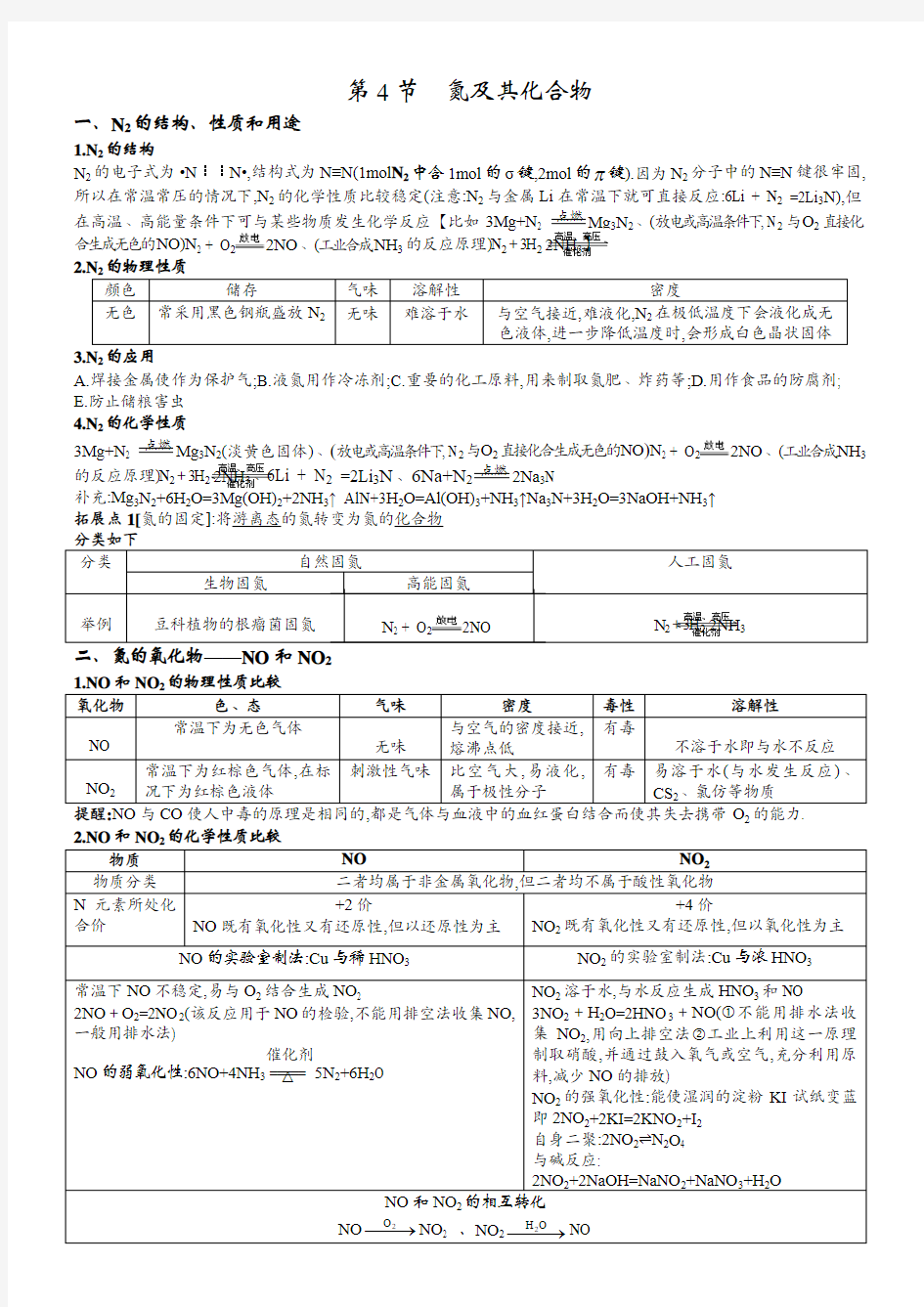 2017-2018学年度高一化学人教版必修一第四章第四节《氮及其化合物》知识点总结完整版