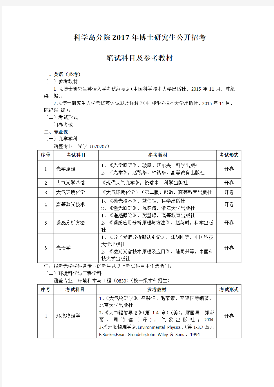 科学岛分院2017年博士研究生公开招考笔试科目和参考教材