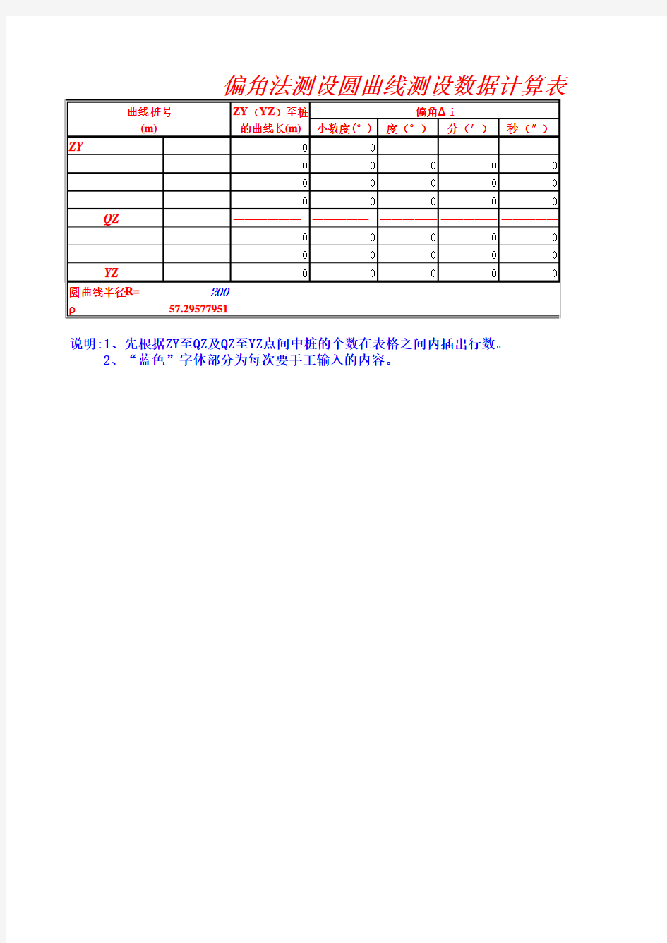 偏角法测设圆曲线测设数据计算