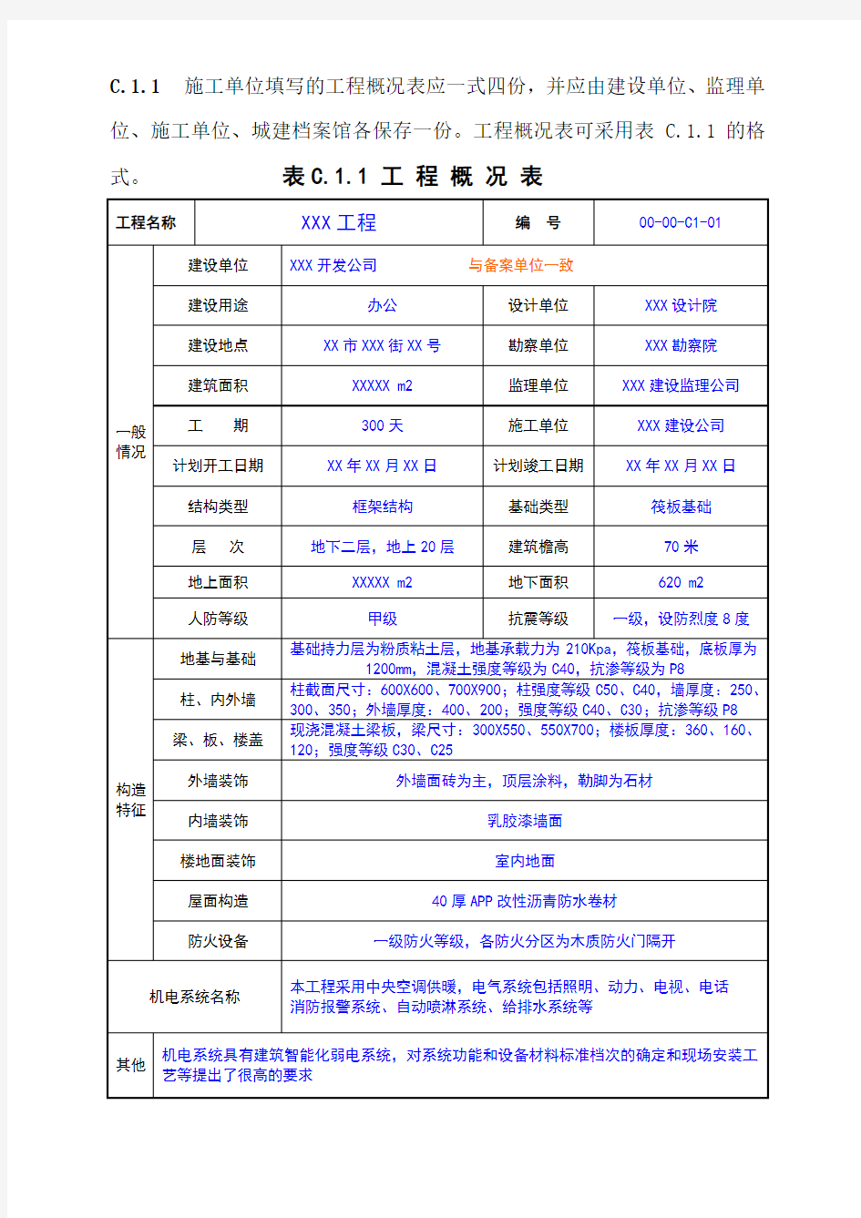 表C.1.1-工程概况表