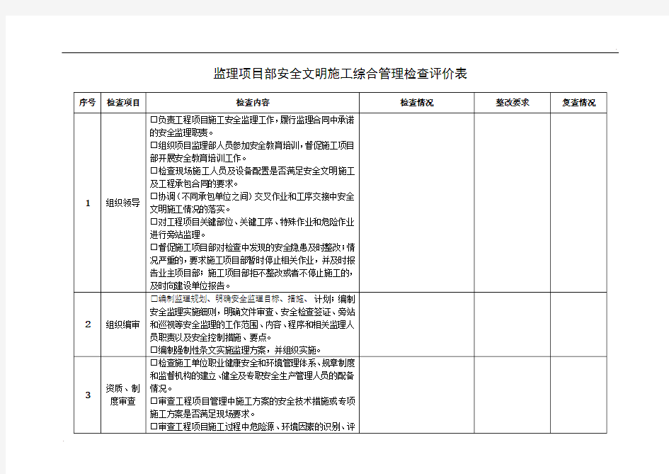 监理项目部安全文明施工综合管理检查评价表