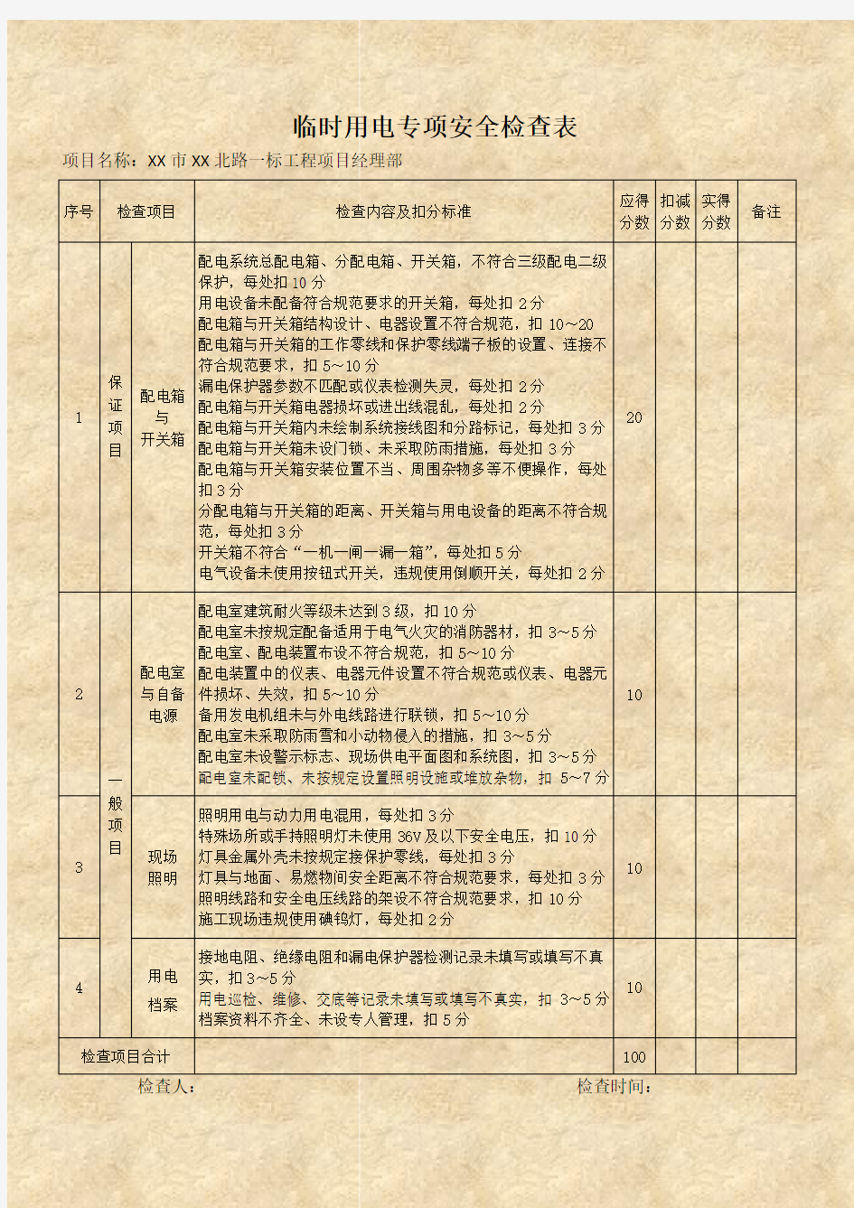 临时用电专项安全检查表