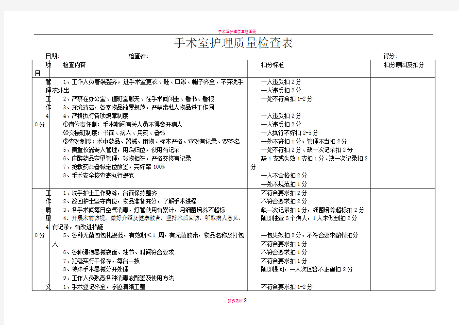 手术室护理质量检查表