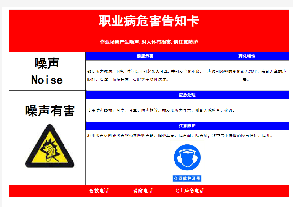 噪声职业病危害告知卡