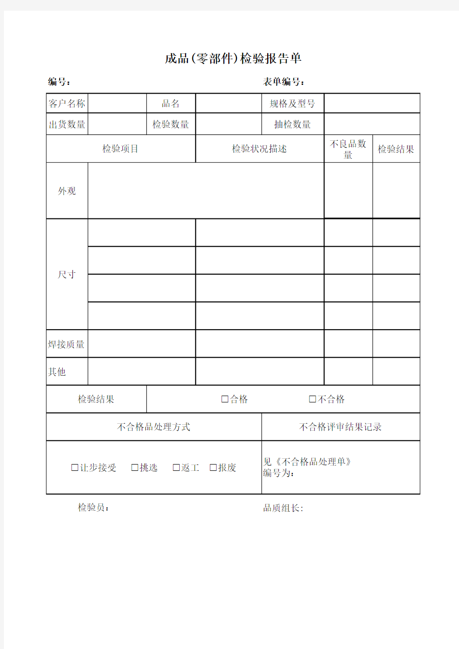 成品(零部件)检验报告单