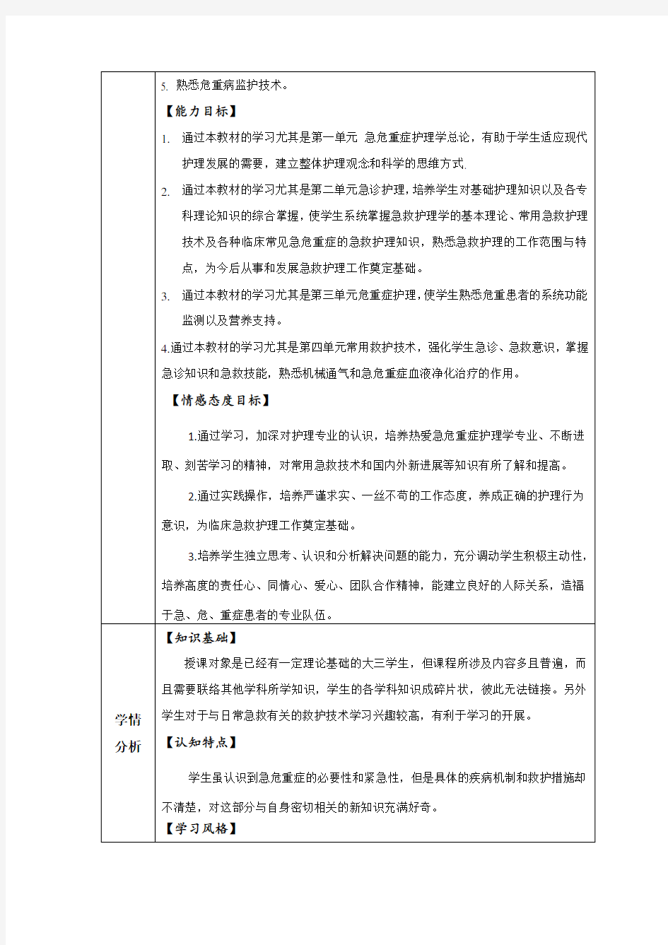 急危重症护理学教学设计