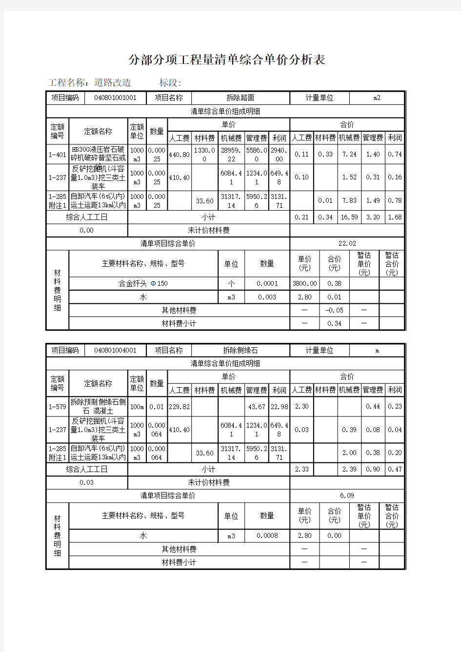 工程量清单综合单价分析表