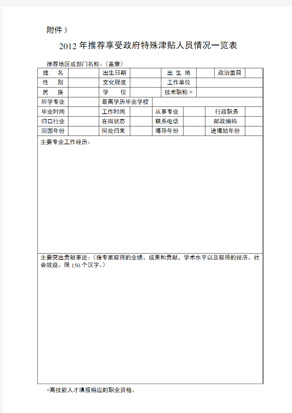 推荐享受政府特殊津贴人员情况一览表