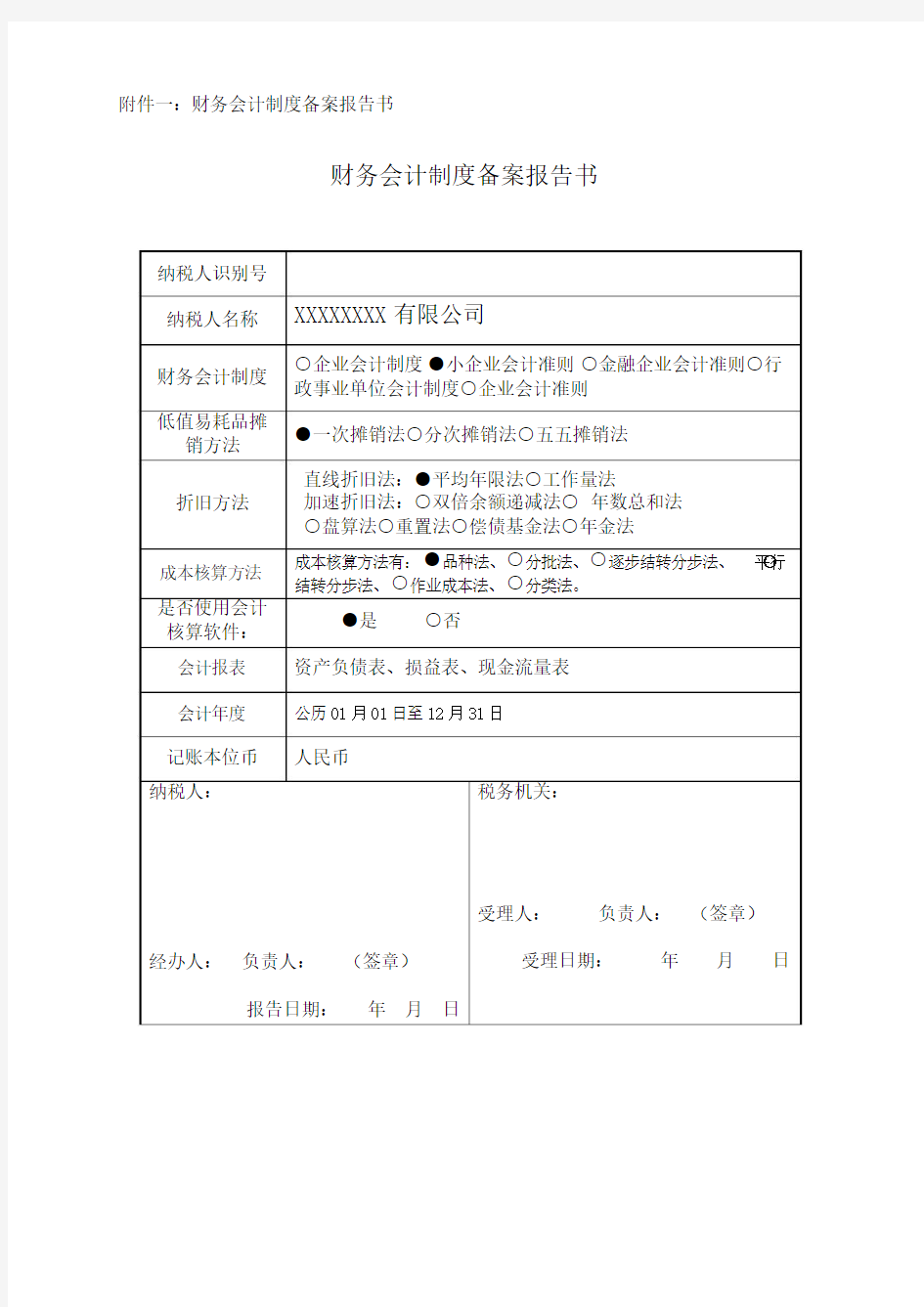 国税局备案财务制度报告书.